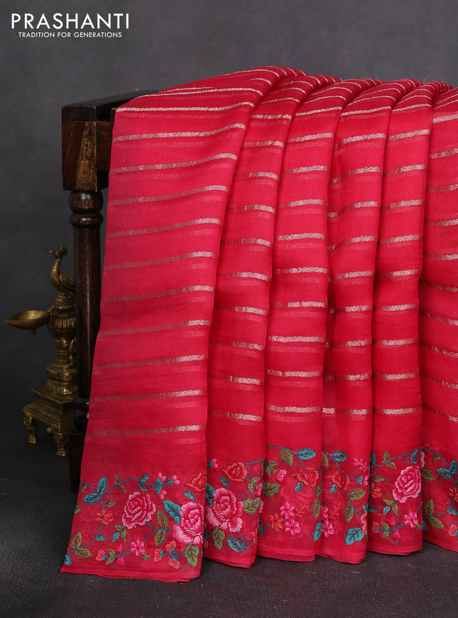 Pure organza silk saree pink with allover zari weaves and floral convent embroiderey border