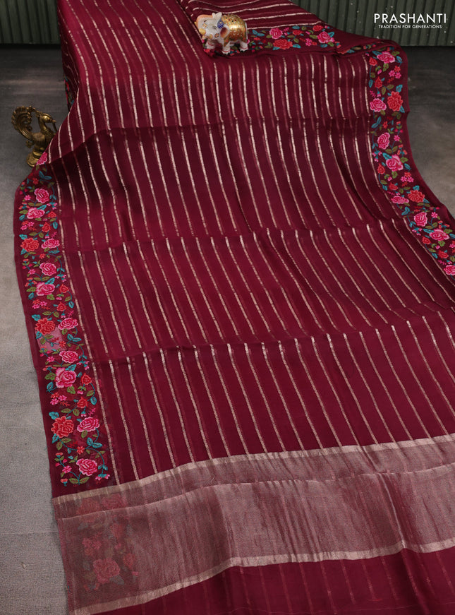 Pure organza silk saree wine shade with allover zari weaves and floral convent embroiderey border