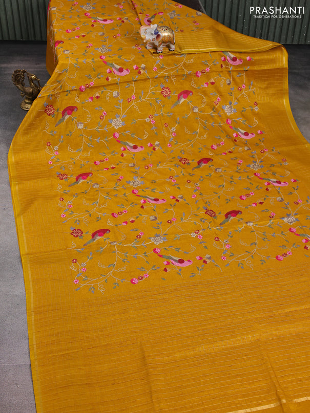 Semi tussar saree mustard yellow with allover embroidery design and zari woven border