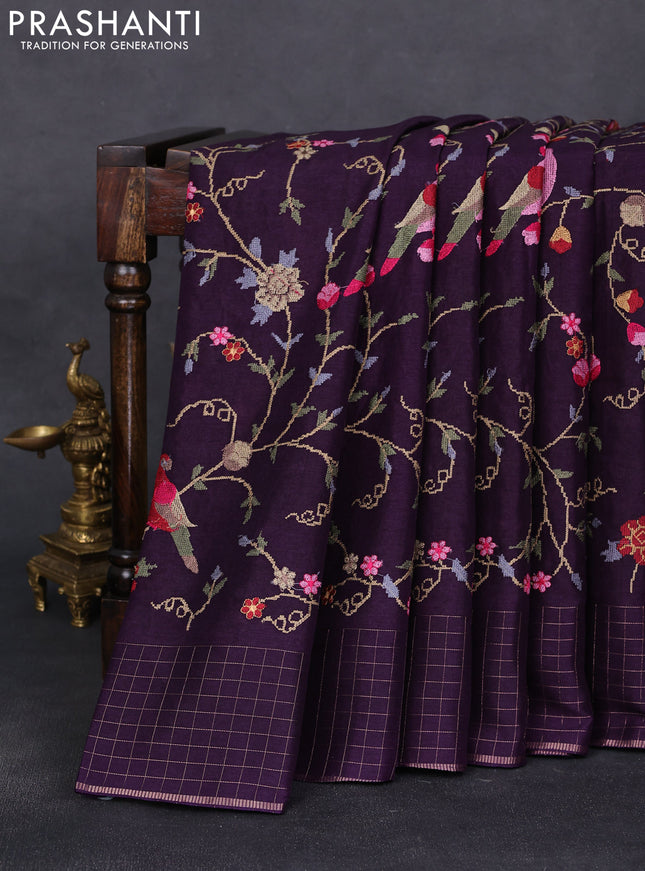 Semi tussar saree violet with allover embroidery design and zari woven border