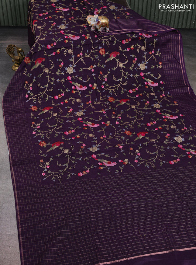Semi tussar saree violet with allover embroidery design and zari woven border