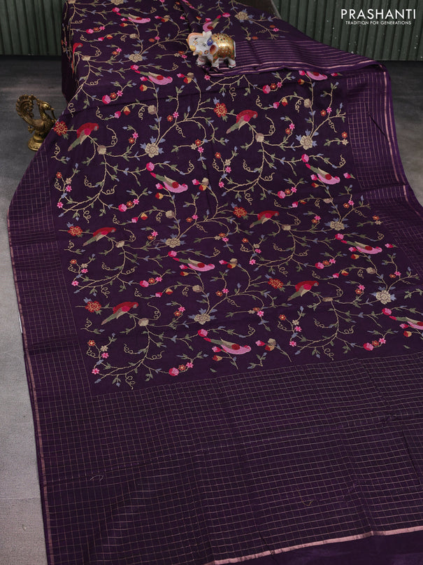 Semi tussar saree violet with allover embroidery design and zari woven border