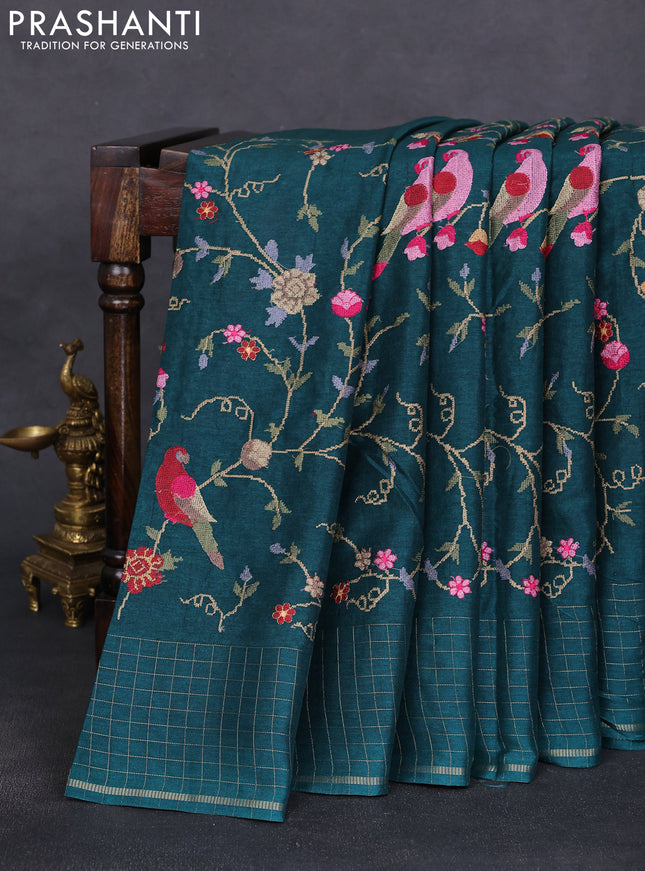 Semi tussar saree peacock green with allover embroidery design and zari woven border