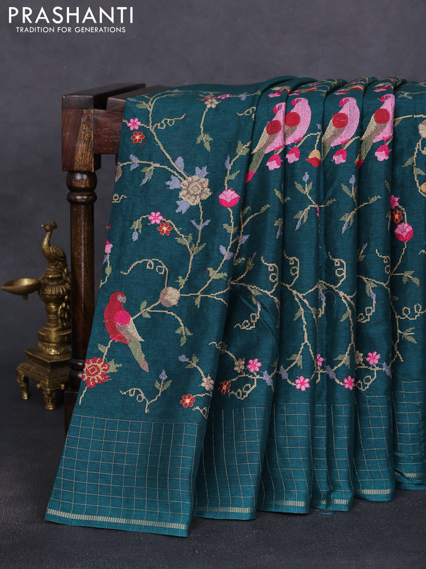 Semi tussar saree peacock green with allover embroidery design and zari woven border