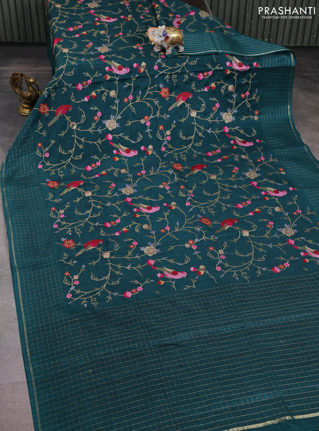 Semi tussar saree peacock green with allover embroidery design and zari woven border