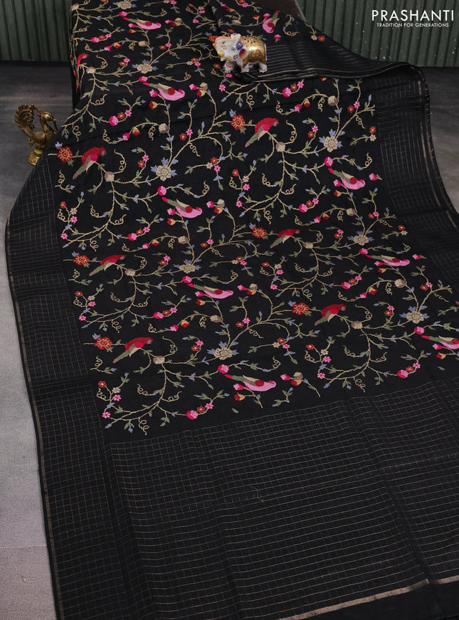 Semi tussar saree black with allover embroidery design and zari woven border