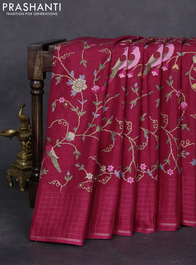 Semi tussar saree dark pink with allover embroidery design and zari woven border
