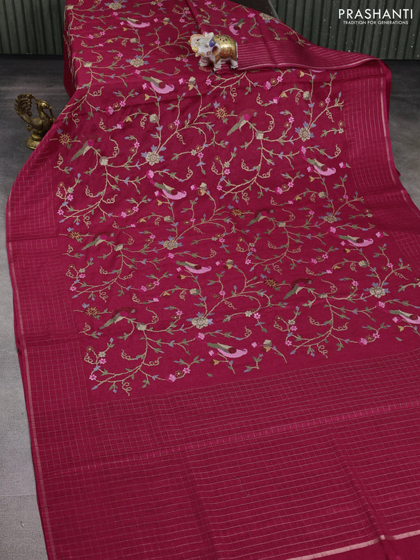 Semi tussar saree dark pink with allover embroidery design and zari woven border