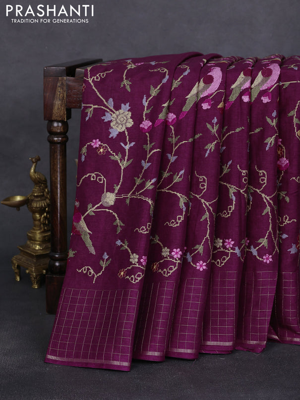 Semi tussar saree wine shade with allover embroidery design and zari woven border