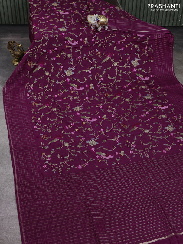 Semi tussar saree wine shade with allover embroidery design and zari woven border