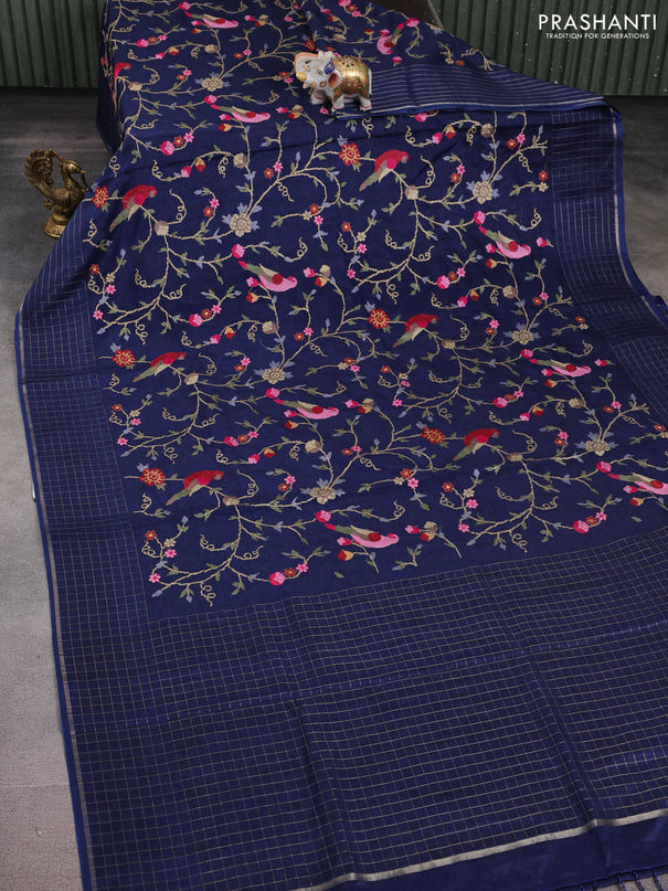 Semi tussar saree navy blue with allover embroidery design and zari woven border