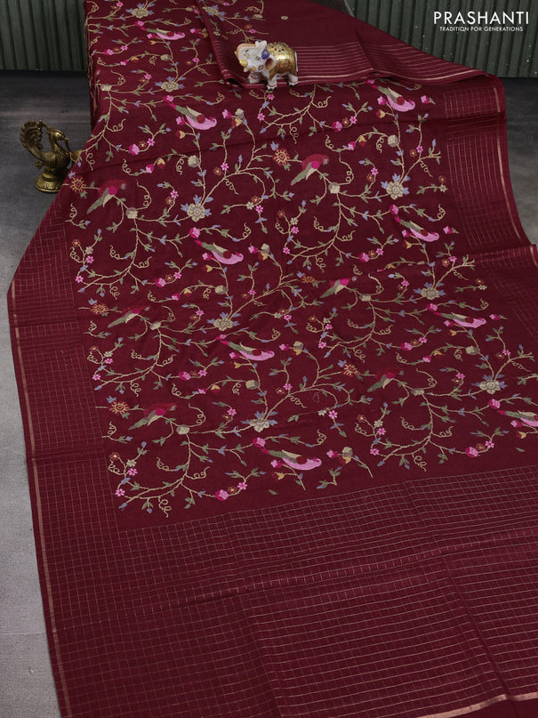 Semi tussar saree maroon with allover embroidery design and zari woven border