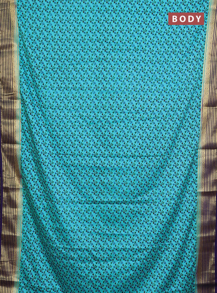Semi mysore silk saree teal blue and navy blue with allover prints and zari woven border