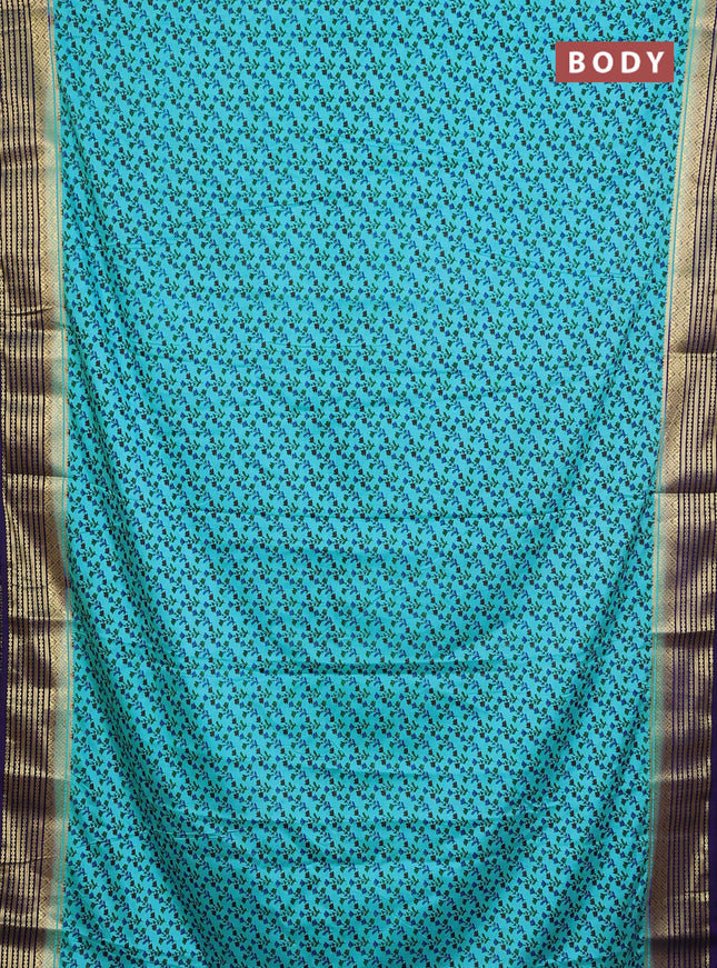 Semi mysore silk saree teal blue and navy blue with allover prints and zari woven border