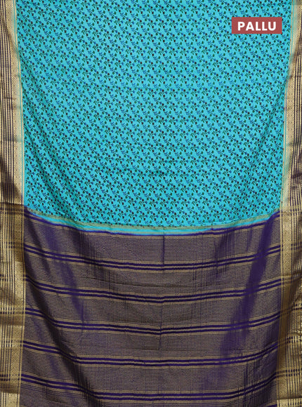 Semi mysore silk saree teal blue and navy blue with allover prints and zari woven border