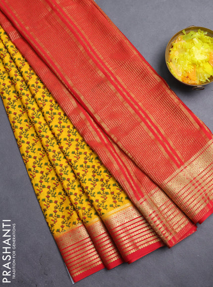 Semi mysore silk saree yellow and red with allover prints and zari woven border