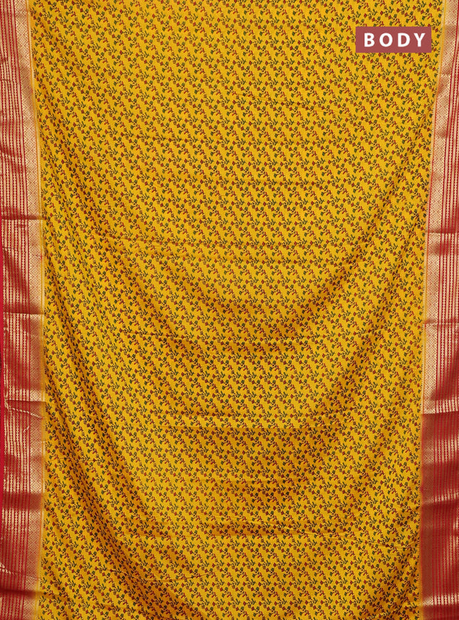 Semi mysore silk saree yellow and red with allover prints and zari woven border