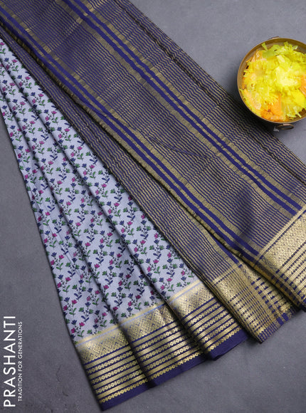 Semi mysore silk saree grey and navy blue with allover prints and zari woven border