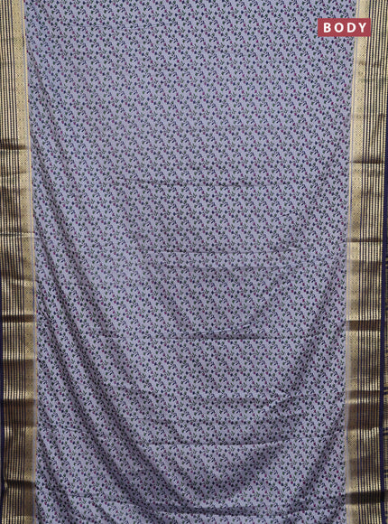 Semi mysore silk saree grey and navy blue with allover prints and zari woven border