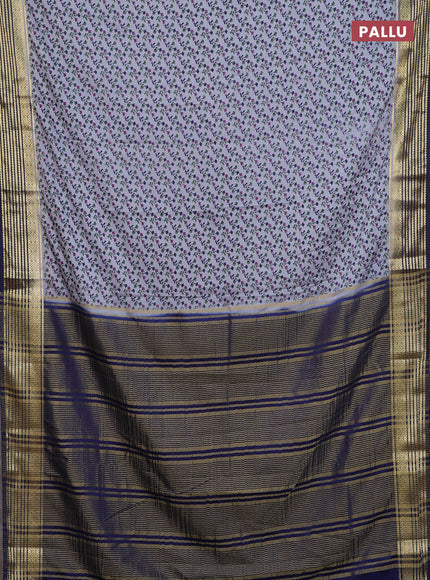 Semi mysore silk saree grey and navy blue with allover prints and zari woven border