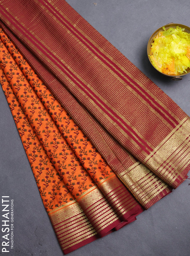 Semi mysore silk saree orange and maroon with allover prints and zari woven border