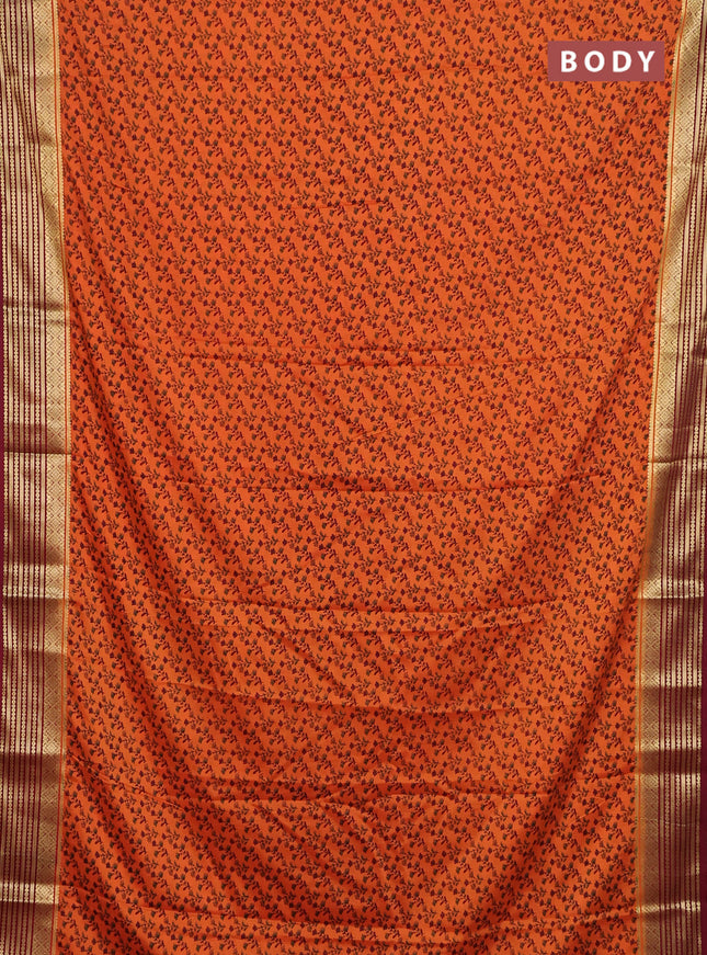 Semi mysore silk saree orange and maroon with allover prints and zari woven border