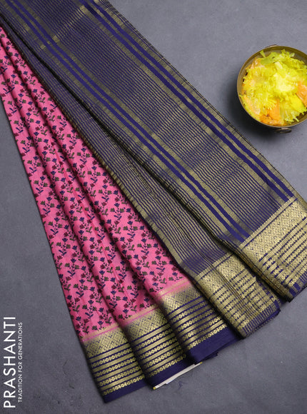 Semi mysore silk saree candy pink and navy blue with allover prints and zari woven border