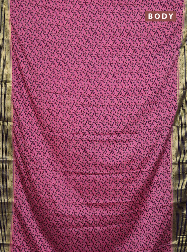 Semi mysore silk saree candy pink and navy blue with allover prints and zari woven border