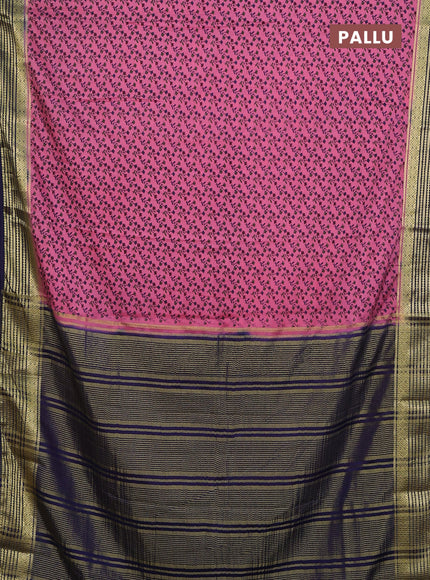 Semi mysore silk saree candy pink and navy blue with allover prints and zari woven border