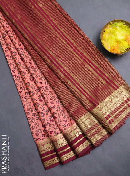 Semi mysore silk saree candy pink and maroon with allover prints and zari woven border