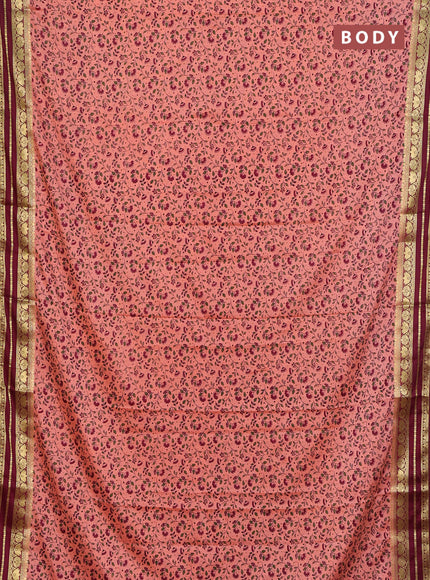 Semi mysore silk saree candy pink and maroon with allover prints and zari woven border