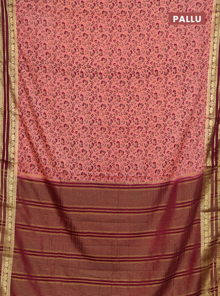 Semi mysore silk saree candy pink and maroon with allover prints and zari woven border
