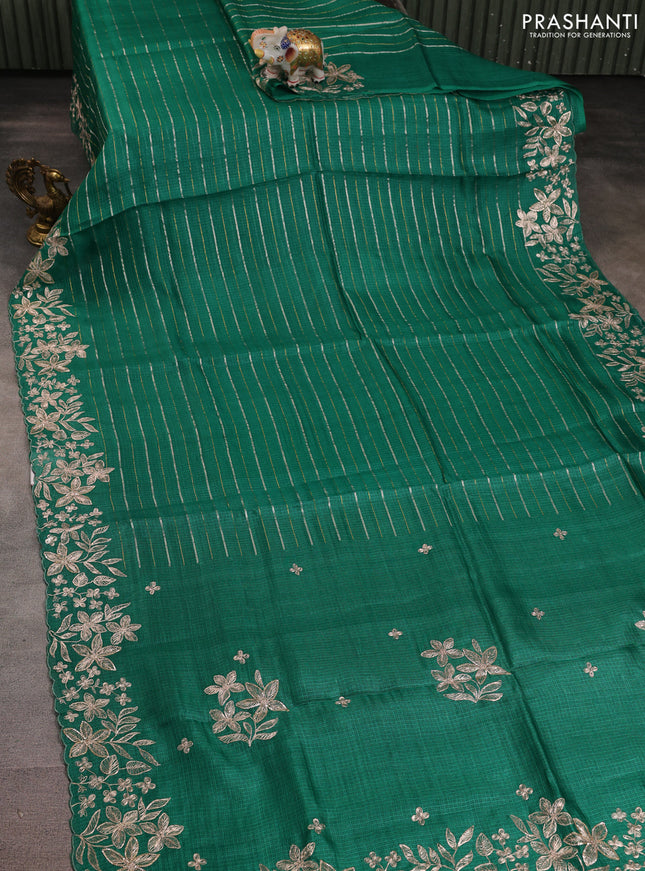 Silk kota saree green with allover silver & gold zari stripe pattern and embroidery border