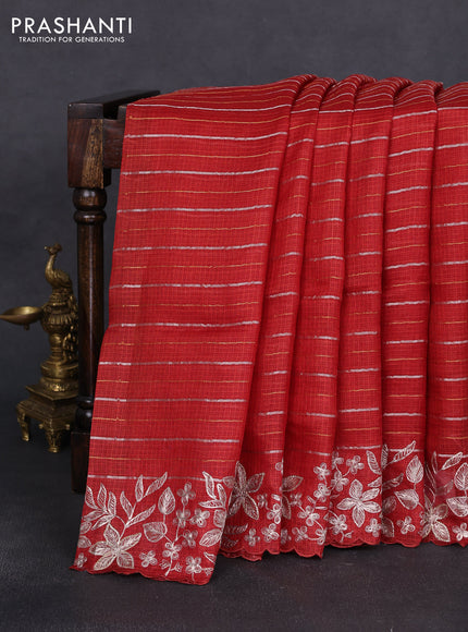 Silk kota saree maroon with allover silver & gold zari stripe pattern and embroidery border
