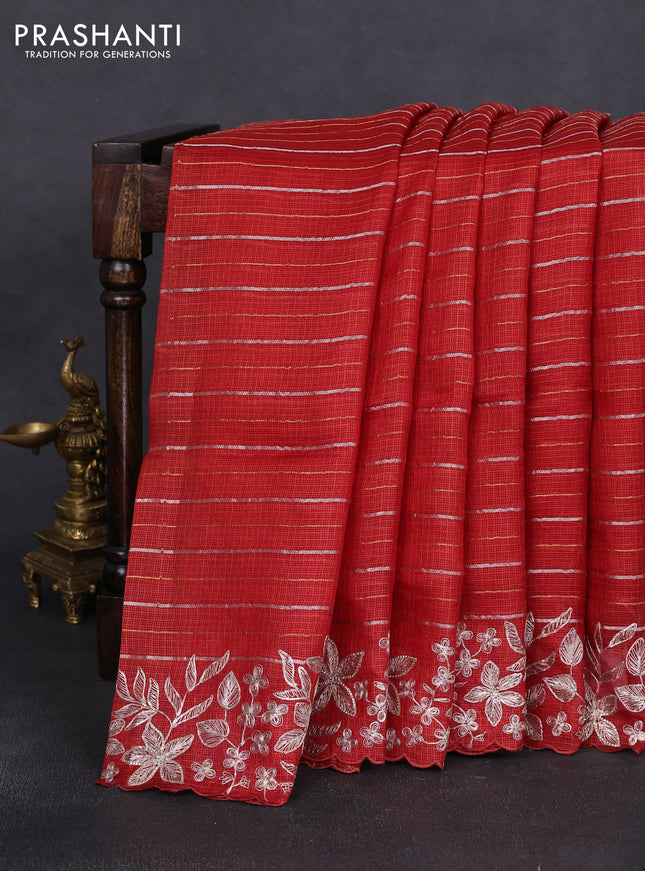 Silk kota saree maroon with allover silver & gold zari stripe pattern and embroidery border
