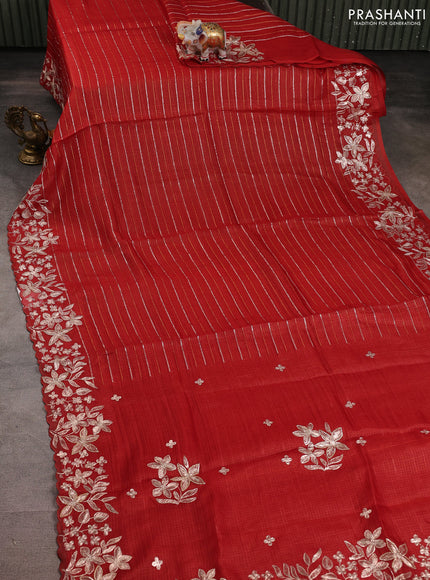 Silk kota saree maroon with allover silver & gold zari stripe pattern and embroidery border