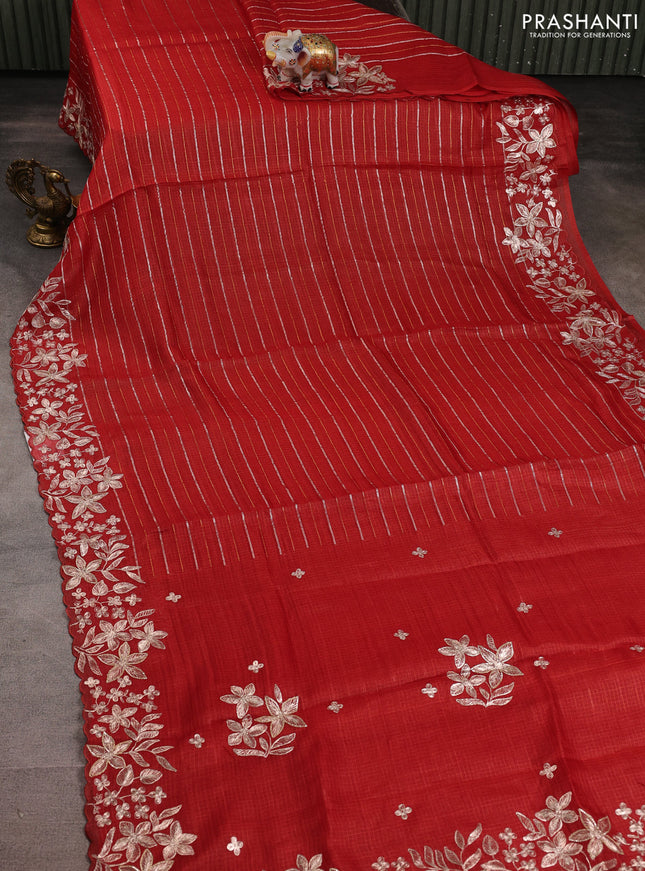 Silk kota saree maroon with allover silver & gold zari stripe pattern and embroidery border