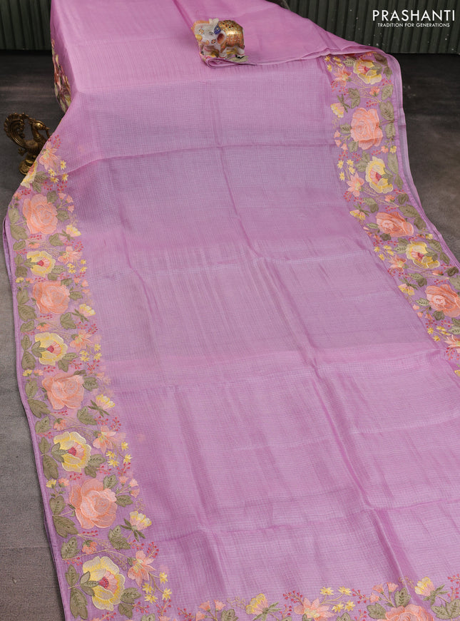 Silk kota saree lavender with plain body and embroidery border