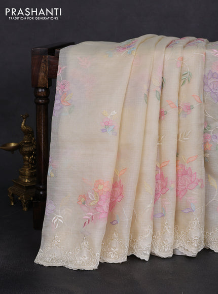 Silk kota saree cream with allover floral embroidery and embroidery border
