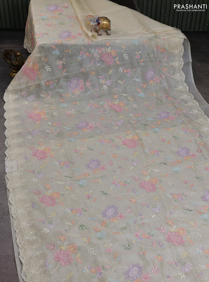 Silk kota saree cream with allover floral embroidery and embroidery border
