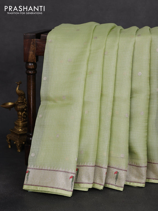 Silk kota saree pista green with allover embriodery buttas and muniya butta border