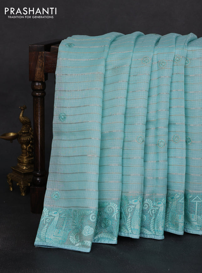 Silk kota saree light blue with allover silver & gold zari stripe pattern and embroidery border