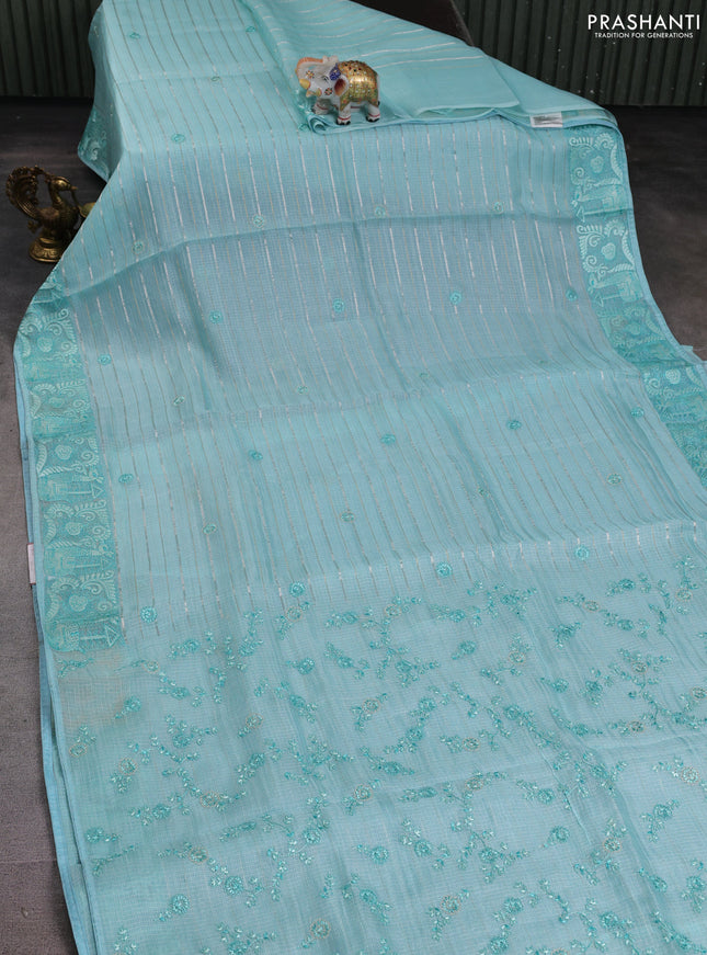 Silk kota saree light blue with allover silver & gold zari stripe pattern and embroidery border
