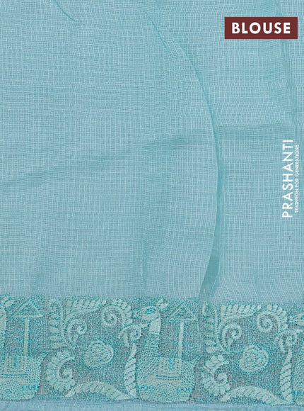 Silk kota saree light blue with allover silver & gold zari stripe pattern and embroidery border