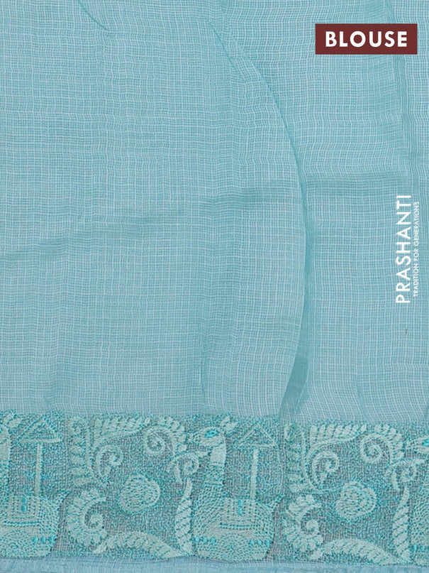 Silk kota saree light blue with allover silver & gold zari stripe pattern and embroidery border