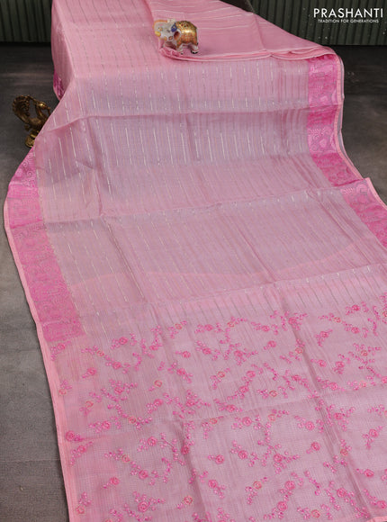 Silk kota saree light pink with floral embroidery buttas and zari woven border