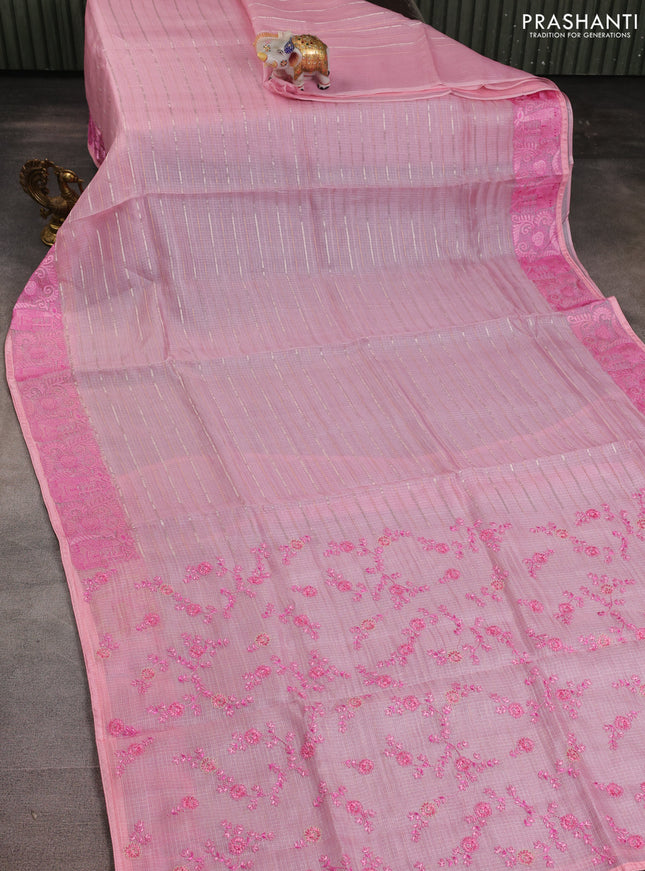 Silk kota saree light pink with floral embroidery buttas and zari woven border