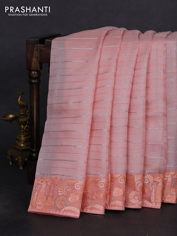 Silk kota saree peach shade with allover silver & gold zari stripe pattern and embroidery border
