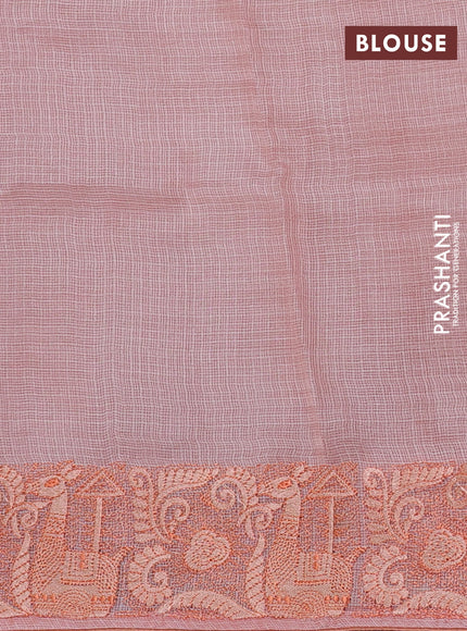 Silk kota saree peach shade with allover silver & gold zari stripe pattern and embroidery border