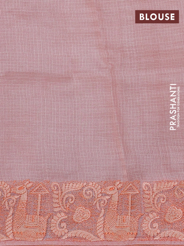 Silk kota saree peach shade with allover silver & gold zari stripe pattern and embroidery border